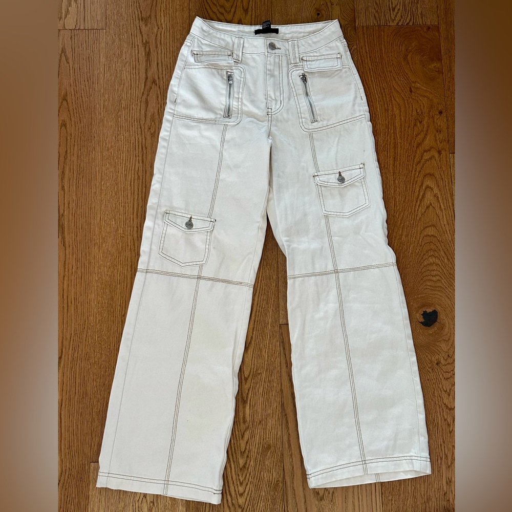 Forever 21 White Cargo Wide Leg Jeans